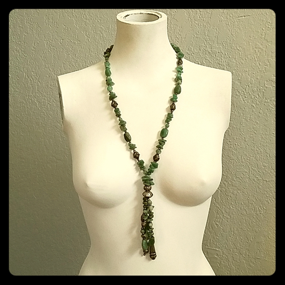 Green Polished Jasper Necklace Silver Tone Beads